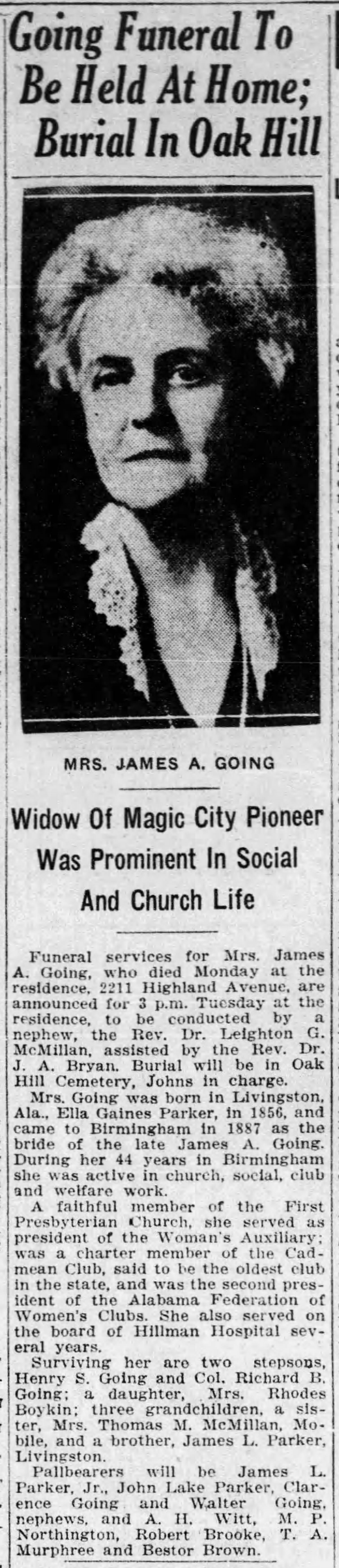 Mrs. James A. Going obituary